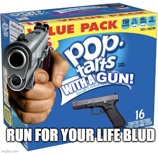 Poptart box with a gun | GUN! WITH A; RUN FOR YOUR LIFE BLUD | image tagged in pop tarts | made w/ Imgflip meme maker
