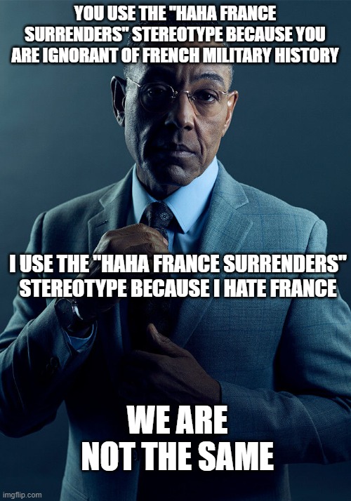Cheese-eating surrender monkeys | YOU USE THE "HAHA FRANCE SURRENDERS" STEREOTYPE BECAUSE YOU ARE IGNORANT OF FRENCH MILITARY HISTORY; I USE THE "HAHA FRANCE SURRENDERS" STEREOTYPE BECAUSE I HATE FRANCE; WE ARE NOT THE SAME | image tagged in gus fring we are not the same,france,french,history | made w/ Imgflip meme maker