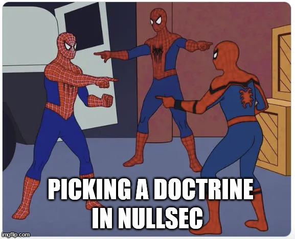 Spider Man Mexican Standoff | IN NULLSEC; PICKING A DOCTRINE | image tagged in spider man mexican standoff | made w/ Imgflip meme maker