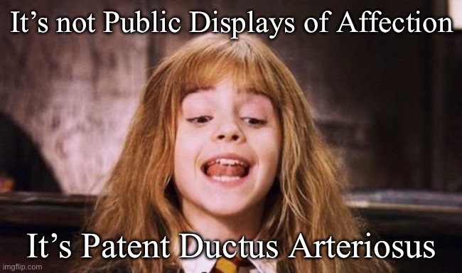 Patent Ductus Arteriosus | It’s not Public Displays of Affection; It’s Patent Ductus Arteriosus | image tagged in leviosah,heart,baby,fetus,hole | made w/ Imgflip meme maker