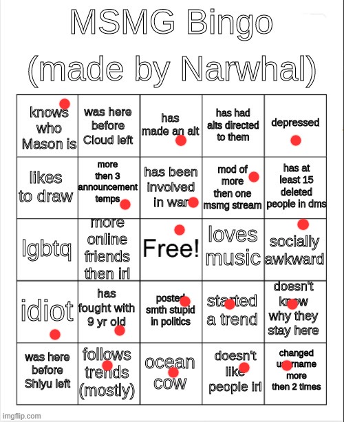 msmg bingo | image tagged in msmg bingo | made w/ Imgflip meme maker