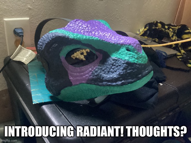 My first dinomask! | INTRODUCING RADIANT! THOUGHTS? | image tagged in furry,dino,mask,uwu | made w/ Imgflip meme maker