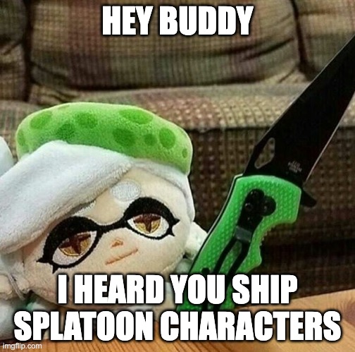 Marie plush with a knife | HEY BUDDY; I HEARD YOU SHIP SPLATOON CHARACTERS | image tagged in marie plush with a knife,splatoon | made w/ Imgflip meme maker
