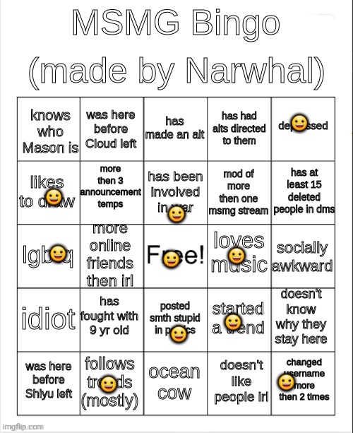 :[ | 😀; 😀; 😀; 😀; 😀; 😀; 😀; 😀; 😀; 😀 | image tagged in msmg bingo | made w/ Imgflip meme maker