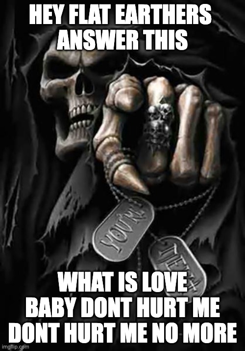 first post back in msmg! :) | HEY FLAT EARTHERS 
ANSWER THIS; WHAT IS LOVE
BABY DONT HURT ME DONT HURT ME NO MORE | image tagged in grim reaper | made w/ Imgflip meme maker