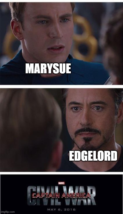 And The Party Was Ripped In 2. | MARYSUE; EDGELORD | image tagged in memes,marvel civil war 1 | made w/ Imgflip meme maker