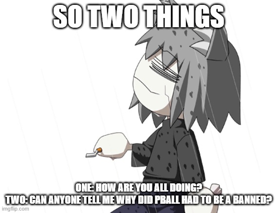 Chaos neco arc | SO TWO THINGS; ONE: HOW ARE YOU ALL DOING?
TWO: CAN ANYONE TELL ME WHY DID PBALL HAD TO BE A BANNED? | image tagged in chaos neco arc | made w/ Imgflip meme maker