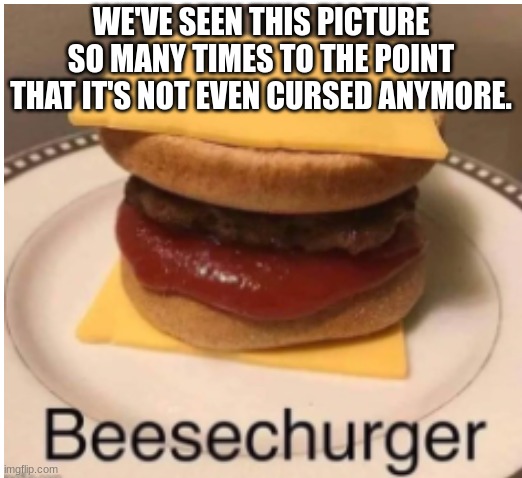 Not Cursed Cheeseburger | WE'VE SEEN THIS PICTURE SO MANY TIMES TO THE POINT THAT IT'S NOT EVEN CURSED ANYMORE. | image tagged in not,cursed | made w/ Imgflip meme maker