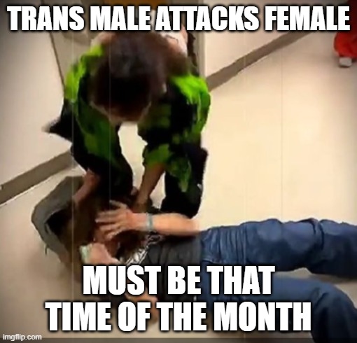 Trans male period | TRANS MALE ATTACKS FEMALE; MUST BE THAT TIME OF THE MONTH | image tagged in female,period,periods,pms,transgender,trans | made w/ Imgflip meme maker