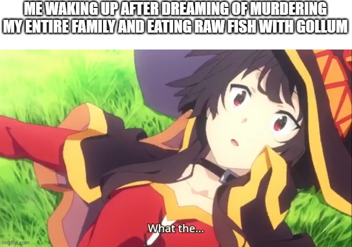 I have no clue why i dream what i dream | ME WAKING UP AFTER DREAMING OF MURDERING MY ENTIRE FAMILY AND EATING RAW FISH WITH GOLLUM | image tagged in konosuba,dreams,funny meme | made w/ Imgflip meme maker