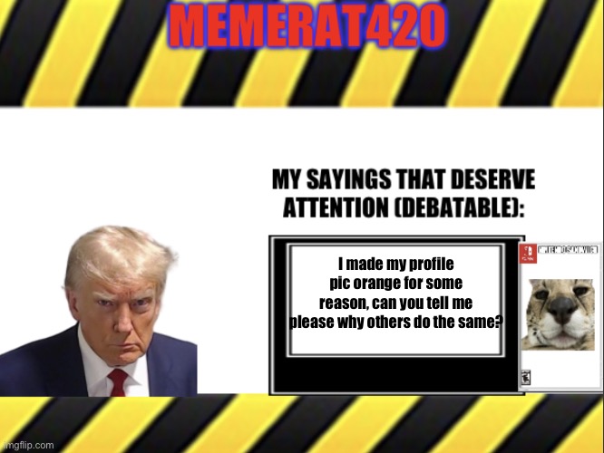 MemeRat420’s announcement | I made my profile pic orange for some reason, can you tell me please why others do the same? | image tagged in memerat420 s announcement | made w/ Imgflip meme maker