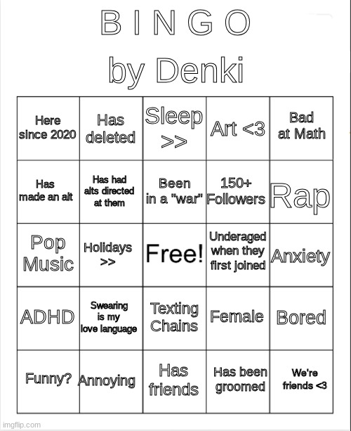 try it (I'm actually bored) | by Denki; B I N G O; Sleep >>; Has deleted; Bad at Math; Here since 2020; Art <3; Been in a "war"; Has made an alt; Rap; 150+ Followers; Has had alts directed at them; Underaged when they first joined; Pop Music; Anxiety; Holidays >>; ADHD; Swearing is my love language; Bored; Female; Texting Chains; Annoying; We're friends <3; Funny? Has friends; Has been groomed | image tagged in blank bingo | made w/ Imgflip meme maker