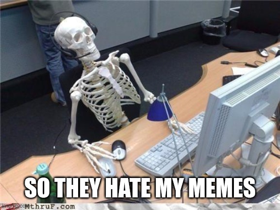 Waiting skeleton | SO THEY HATE MY MEMES | image tagged in waiting skeleton | made w/ Imgflip meme maker