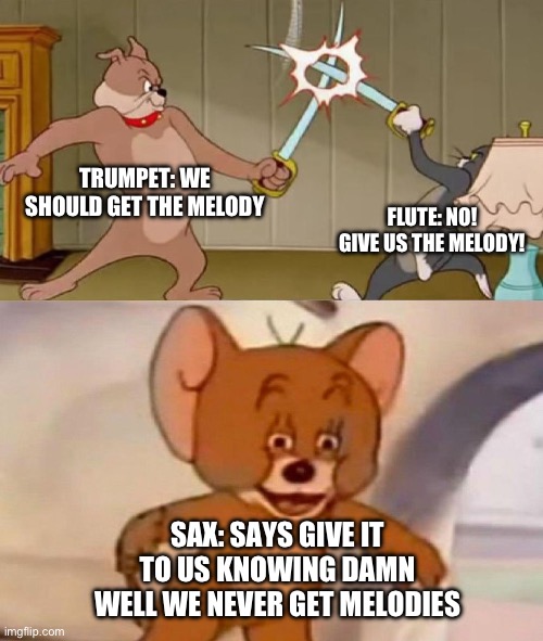 Same for you guys and girls and others? | TRUMPET: WE SHOULD GET THE MELODY; FLUTE: NO! GIVE US THE MELODY! SAX: SAYS GIVE IT TO US KNOWING DAMN WELL WE NEVER GET MELODIES | image tagged in tom and jerry swordfight | made w/ Imgflip meme maker
