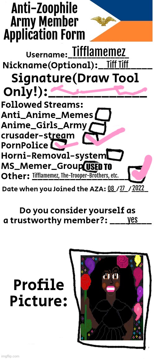 The form | Tifflamemez; Tiff Tiff; USED TO; Tifflamemez, The-Trooper-Brothers, etc. 2022; 27; 08; yes | image tagged in anti-zoophile army member application form,application,form,anti-zoophile,member,memes | made w/ Imgflip meme maker