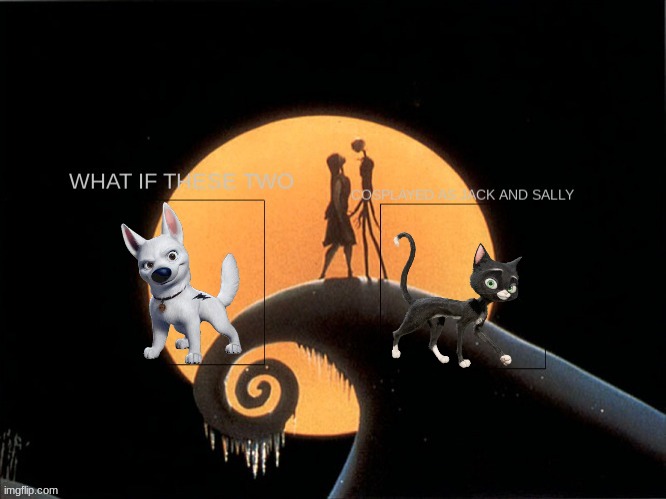 if bolt and mittens cosplayed as jack and sally | image tagged in disney | made w/ Imgflip meme maker