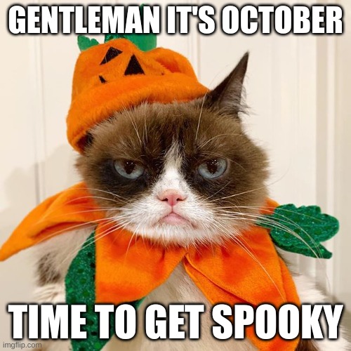 Grumpy Cat Halloween | GENTLEMAN IT'S OCTOBER; TIME TO GET SPOOKY | image tagged in grumpy cat halloween | made w/ Imgflip meme maker
