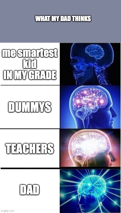 why...and is this just me? | WHAT MY DAD THINKS; me smartest kid IN MY GRADE; DUMMYS; TEACHERS; DAD | image tagged in memes,expanding brain | made w/ Imgflip meme maker