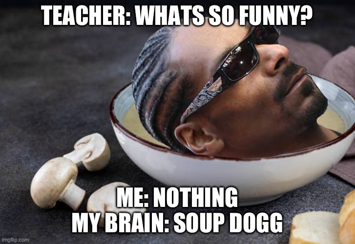 Soup Dogg | TEACHER: WHATS SO FUNNY? ME: NOTHING
MY BRAIN: SOUP DOGG | image tagged in soup dogg | made w/ Imgflip meme maker