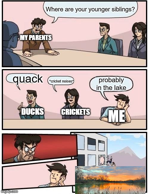 conversation with my parents be like | Where are your younger siblings? MY PARENTS; quack; *cricket noises*; probably in the lake; DUCKS; CRICKETS; ME | image tagged in memes,boardroom meeting suggestion | made w/ Imgflip meme maker