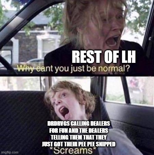 Why Can't You Just Be Normal | REST OF LH; DRDRVGS CALLING DEALERS FOR FUN AND THE DEALERS TELLING THEM THAT THEY JUST GOT THEIR PEE PEE SNIPPED | image tagged in why can't you just be normal | made w/ Imgflip meme maker