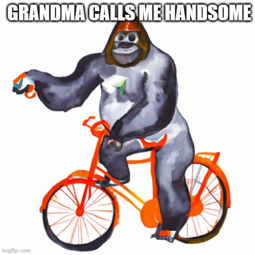 Me handsome | GRANDMA CALLS ME HANDSOME | image tagged in a refined scholarly gorilla riding an orange bicycle | made w/ Imgflip meme maker