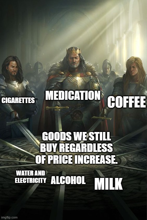 Knights of the Round Table | MEDICATION; CIGARETTES; COFFEE; GOODS WE STILL BUY REGARDLESS OF PRICE INCREASE. ALCOHOL; WATER AND ELECTRICITY; MILK | image tagged in knights of the round table | made w/ Imgflip meme maker