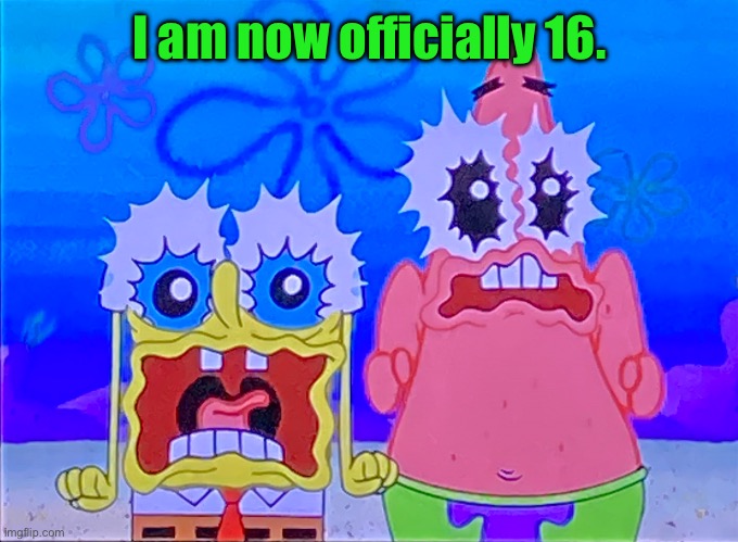 Scare spongboob and patrichard | I am now officially 16. | image tagged in scare spongboob and patrichard | made w/ Imgflip meme maker