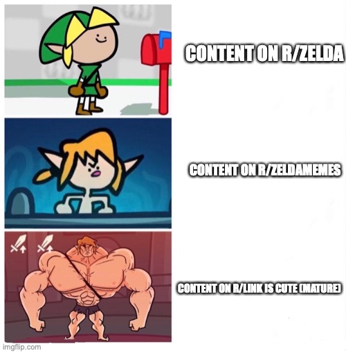 this is now one of my favourite meme formats | CONTENT ON R/ZELDA; CONTENT ON R/ZELDAMEMES; CONTENT ON R/LINK IS CUTE (MATURE) | image tagged in terminalmontage link,reddit,zelda | made w/ Imgflip meme maker