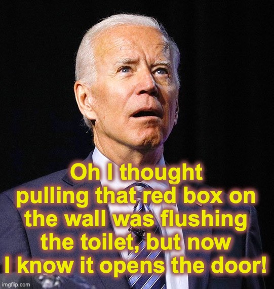 [warning:  scatological security satire] | Oh I thought pulling that red box on the wall was flushing the toilet, but now I know it opens the door! | image tagged in joe biden,toilet,funny memes,fire alarm | made w/ Imgflip meme maker