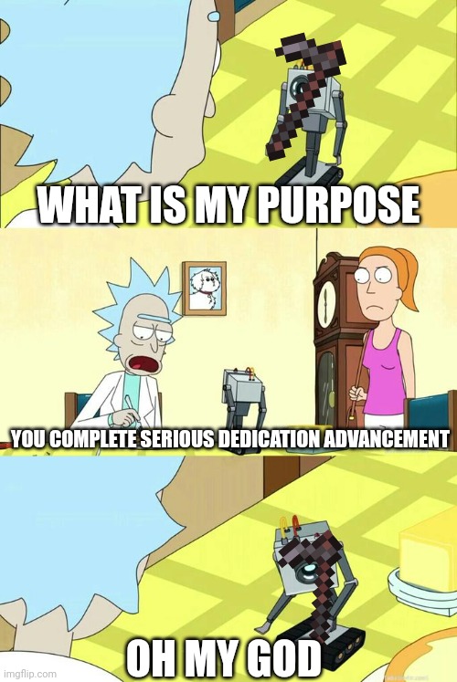 What's My Purpose - Butter Robot | WHAT IS MY PURPOSE; YOU COMPLETE SERIOUS DEDICATION ADVANCEMENT; OH MY GOD | image tagged in what's my purpose - butter robot | made w/ Imgflip meme maker