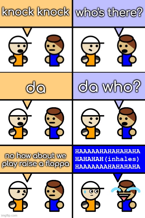 roblox knock knock joke | who's there? knock knock; da who? da; no how about we play raise a floppa | image tagged in laugh too loud | made w/ Imgflip meme maker