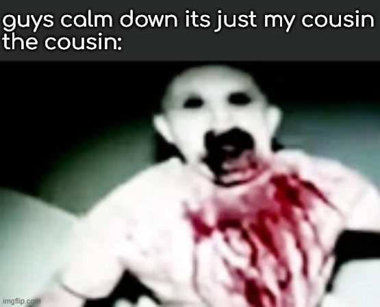 guys calm down its just my cousin
the cousin: | made w/ Imgflip meme maker