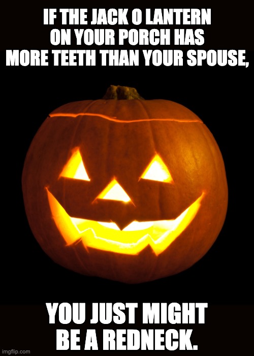 Jack O Lantern | IF THE JACK O LANTERN ON YOUR PORCH HAS MORE TEETH THAN YOUR SPOUSE, YOU JUST MIGHT BE A REDNECK. | image tagged in jack o lantern | made w/ Imgflip meme maker