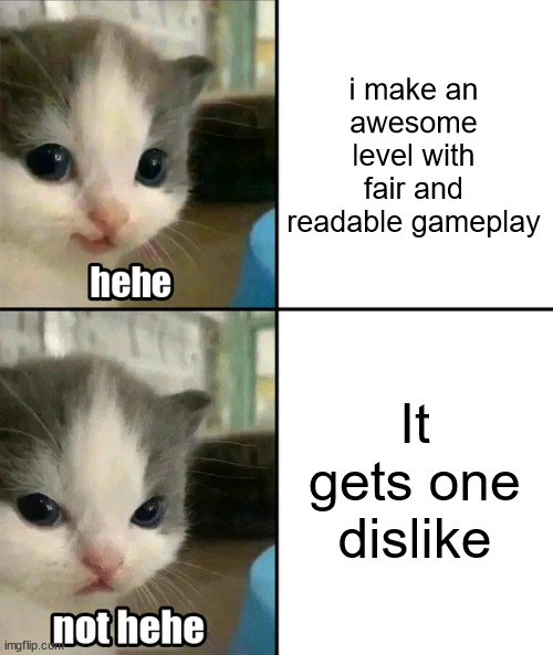 Is the dislike from joe m- | i make an awesome level with fair and readable gameplay; It gets one dislike | image tagged in cute cat hehe and not hehe | made w/ Imgflip meme maker