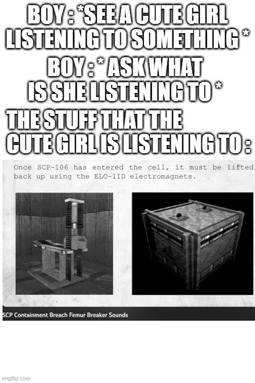 lol | BOY : *SEE A CUTE GIRL LISTENING TO SOMETHING *; BOY : * ASK WHAT IS SHE LISTENING TO *; THE STUFF THAT THE CUTE GIRL IS LISTENING TO : | image tagged in lol | made w/ Imgflip meme maker