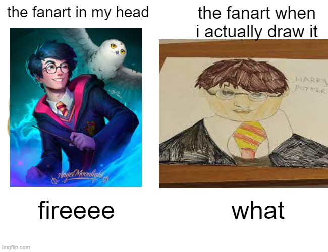 honestly | the fanart in my head; the fanart when i actually draw it; fireeee; what | image tagged in memes,buff doge vs cheems | made w/ Imgflip meme maker