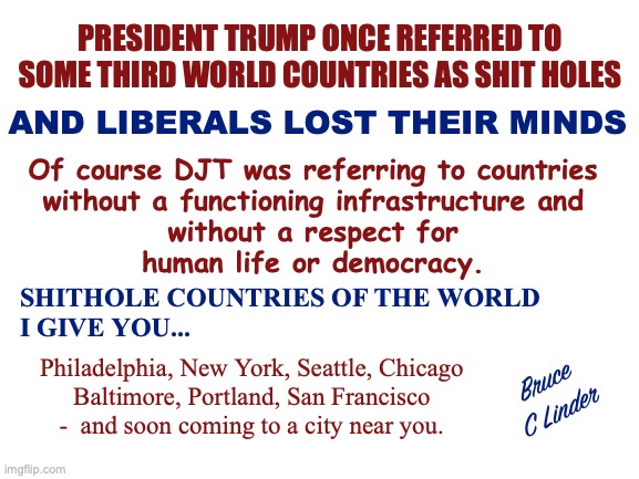 Welcoming S-H Countries to our Cities | PRESIDENT TRUMP ONCE REFERRED TO SOME THIRD WORLD COUNTRIES AS SHIT HOLES; AND LIBERALS LOST THEIR MINDS; Of course DJT was referring to countries
without a functioning infrastructure and
without a respect for
human life or democracy. SHITHOLE COUNTRIES OF THE WORLD
I GIVE YOU... Philadelphia, New York, Seattle, Chicago
Baltimore, Portland, San Francisco
-  and soon coming to a city near you. Bruce
C Linder | image tagged in president trump,portland,seattle,san francisco,new york | made w/ Imgflip meme maker