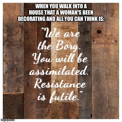 I blame Pinterest. | WHEN YOU WALK INTO A HOUSE THAT A WOMAN'S BEEN DECORATING AND ALL YOU CAN THINK IS:; "We are the Borg. You will be assimilated. Resistance is futile." | image tagged in women | made w/ Imgflip meme maker