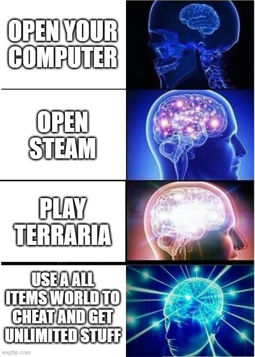 steam | OPEN YOUR COMPUTER; OPEN STEAM; PLAY TERRARIA; USE A ALL ITEMS WORLD TO CHEAT AND GET UNLIMITED STUFF | image tagged in memes,expanding brain | made w/ Imgflip meme maker