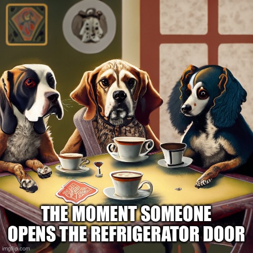 Dogs | THE MOMENT SOMEONE OPENS THE REFRIGERATOR DOOR | image tagged in dogs,memes,funny,gifs | made w/ Imgflip meme maker