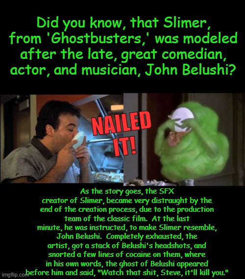 Creepsnow | Did you know, that Slimer, from 'Ghostbusters,' was modeled after the late, great comedian, actor, and musician, John Belushi? NAILED
IT! As the story goes, the SFX creator of Slimer, became very distraught by the end of the creation process, due to the production team of the classic film.  At the last minute, he was instructed, to make Slimer resemble, John Belushi.  Completely exhausted, the artist, got a stack of Belushi's headshots, and snorted a few lines of cocaine on them, where in his own words, the ghost of Belushi appeared before him and said, "Watch that shit, Steve, it'll kill you." | image tagged in ghostbusters,green,slime,ghost,legendary,comedian | made w/ Imgflip meme maker