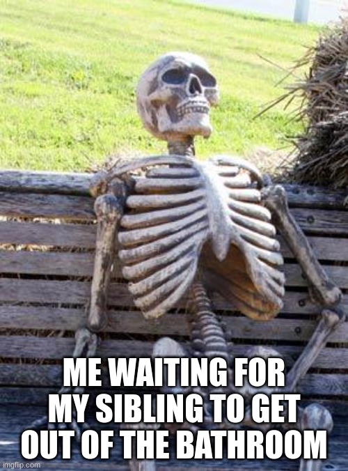 Waiting Skeleton | ME WAITING FOR MY SIBLING TO GET OUT OF THE BATHROOM | image tagged in memes,waiting skeleton | made w/ Imgflip meme maker