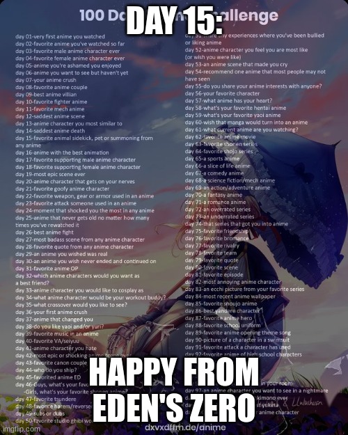 day 15! | DAY 15:; HAPPY FROM EDEN'S ZERO | image tagged in 100 day anime challenge,eden's zero,anime | made w/ Imgflip meme maker