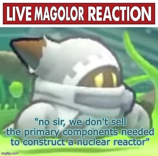 we must get maglolor his components. | "no sir, we don't sell the primary components needed to construct a nuclear reactor" | image tagged in live magolor reaction | made w/ Imgflip meme maker