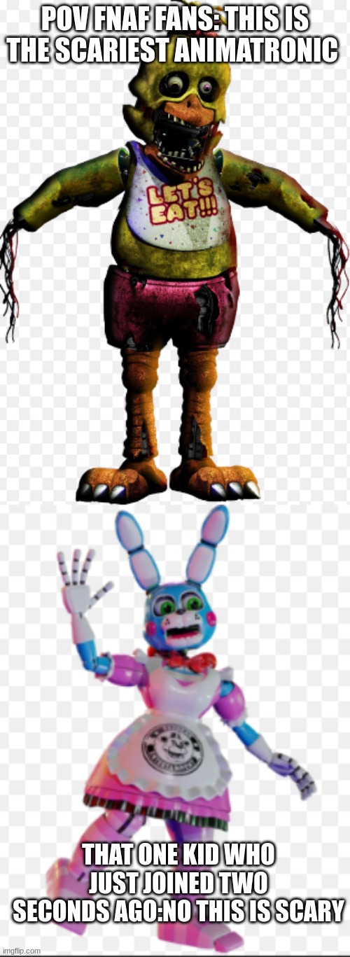 scary fnaf | POV FNAF FANS: THIS IS THE SCARIEST ANIMATRONIC; THAT ONE KID WHO JUST JOINED TWO SECONDS AGO:NO THIS IS SCARY | image tagged in fnaf,fun,funny,sus,funny meme | made w/ Imgflip meme maker
