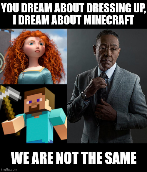 Brother says to little sister | YOU DREAM ABOUT DRESSING UP,
I DREAM ABOUT MINECRAFT; WE ARE NOT THE SAME | image tagged in giancarlo esposito,brothers,sisters,kids,minecraft,disney princess | made w/ Imgflip meme maker