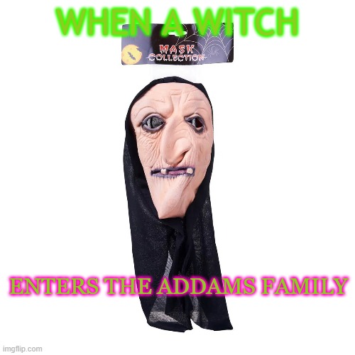 Witch Addams | WHEN A WITCH; ENTERS THE ADDAMS FAMILY | image tagged in witch,addams family | made w/ Imgflip meme maker