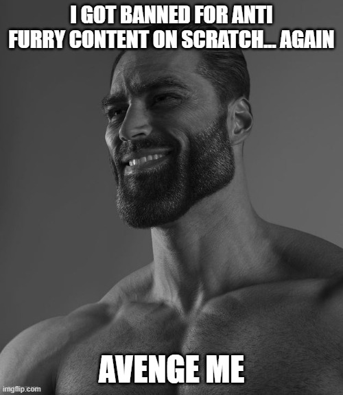 My username is -Rainbow_Dash--, link to my profile in the comments | I GOT BANNED FOR ANTI FURRY CONTENT ON SCRATCH... AGAIN; AVENGE ME | image tagged in giga chad | made w/ Imgflip meme maker