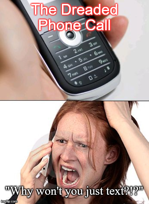 Horror Movies For Modern Times | The Dreaded Phone Call; "Why won't you just text?!?" | image tagged in cell phone rage,humor,funny,joke | made w/ Imgflip meme maker